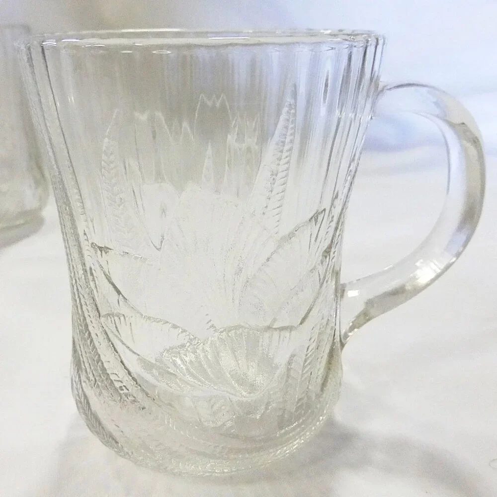 Vtg Arcoroc Canterbury crocus mug clear glass coffee cup ribbed France set‎ of 5